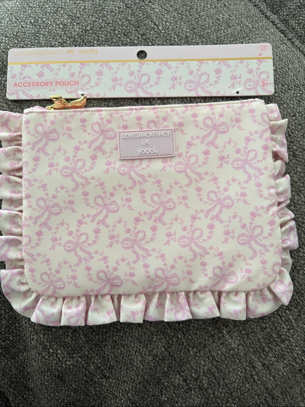 LoveShackFancy Pink Ruffle Bow Pattern Kids Accessory Pouch